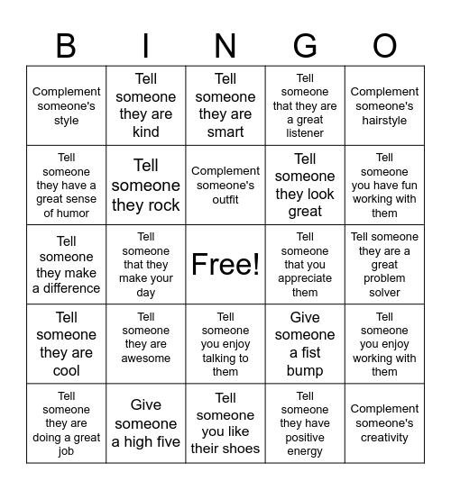 Complement Bingo Card