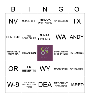Dental Co Op Bingo Card