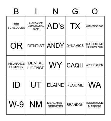 DENTAL CO OP BINGO Card