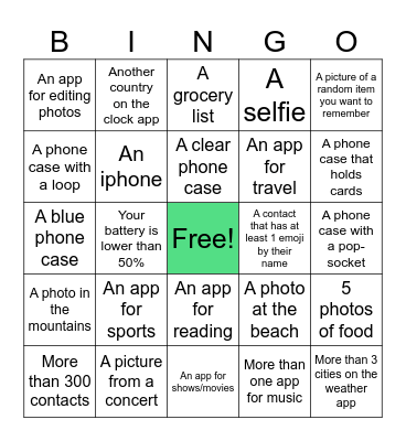 Cell Phone Scavenger Hunt Bingo Card