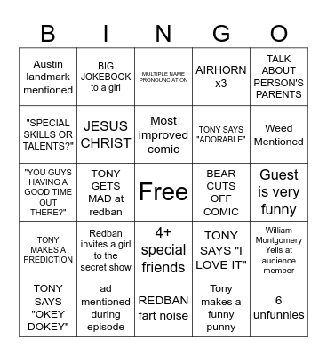 Kill Tony Bingo 2023 Bingo Card