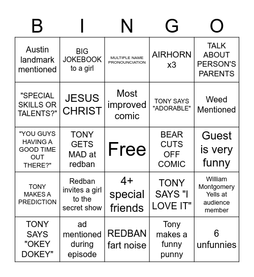 Kill Tony Bingo 2023 Bingo Card