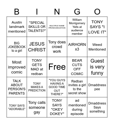 Kill Tony Bingo 2023 Bingo Card