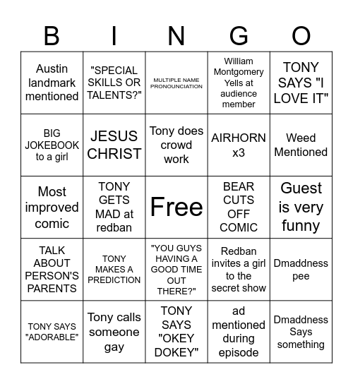 Kill Tony Bingo 2023 Bingo Card