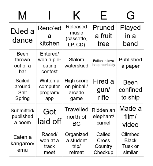 Mike's 60th Bingo Card