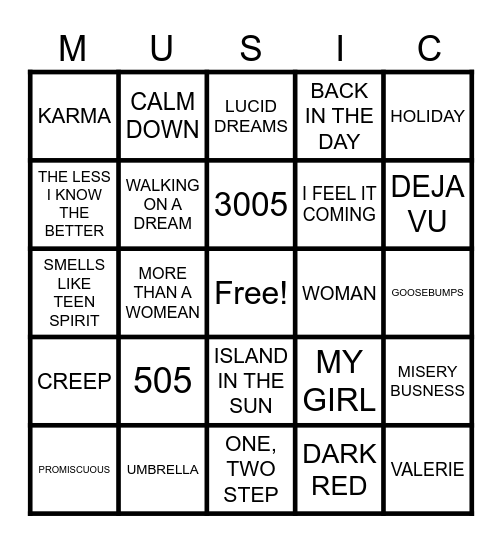Mel's Music Bingo Card