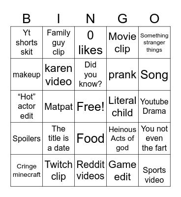 YouTube shorts Bingo Card