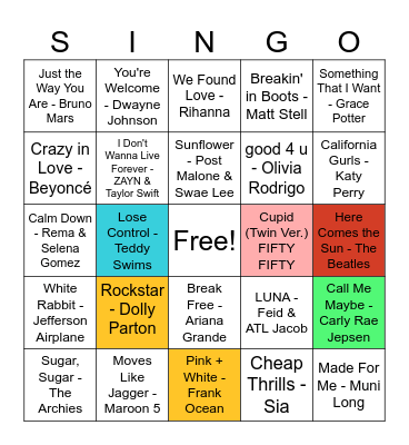 Middle School Winter Formal Bingo Card