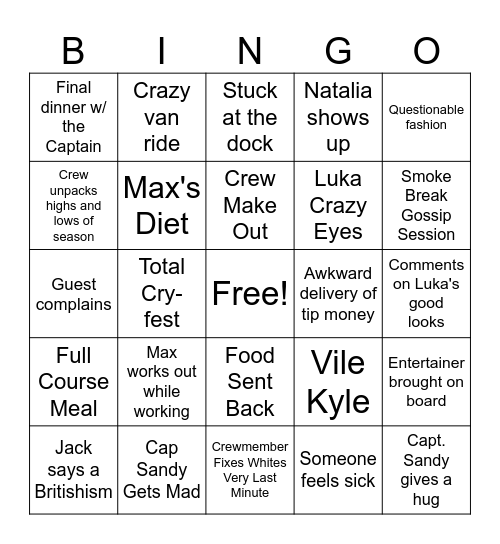 Below Deck Mediterranean Bingo Card