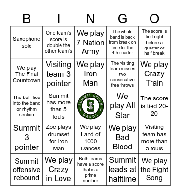 Basketball Band Bingo Card