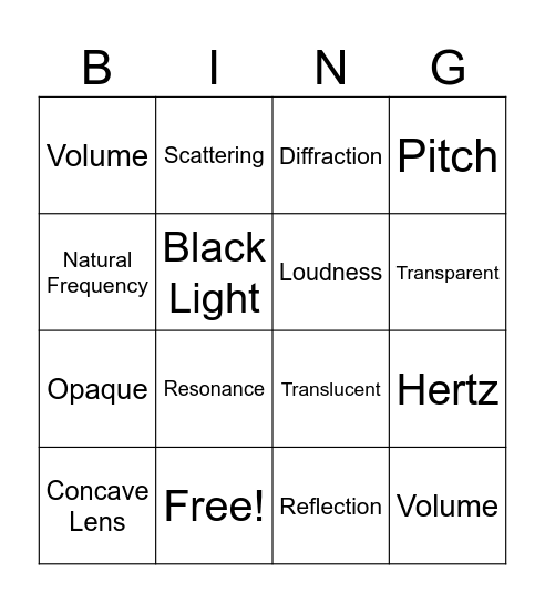 VOCABULARY- Light & Sound WAVES Bingo Card