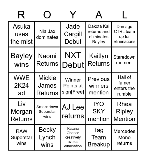 2024 Women's Royal Rumble Bingo Card