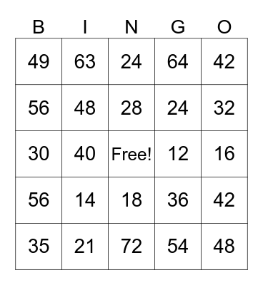9,10,& 11 Multiplication Bingo Card