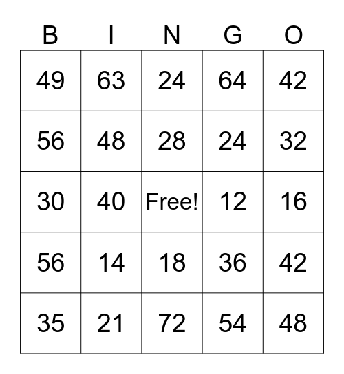 9,10,11, & 12 Multiplication Bingo Card
