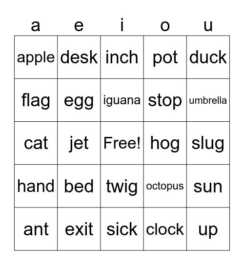 Short Vowel Sounds (Gr2) Bingo Card