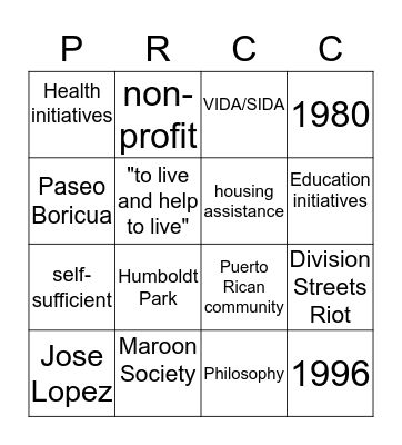 P.R.C.C. Bingo Card