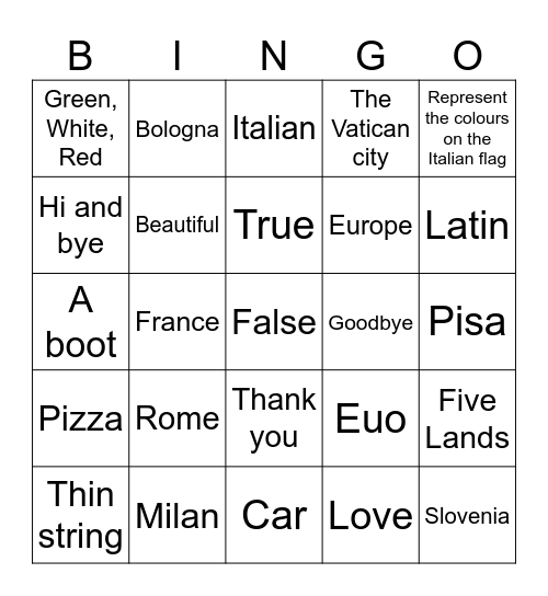 Italian and Italy Tombola Bingo Card