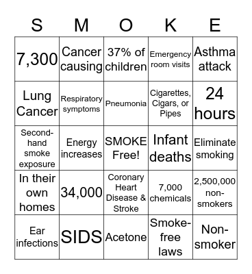 Second-hand Smoke Bingo Card