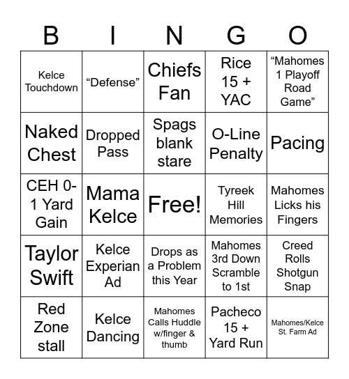 Chiefs AFC Championship Bingo Card