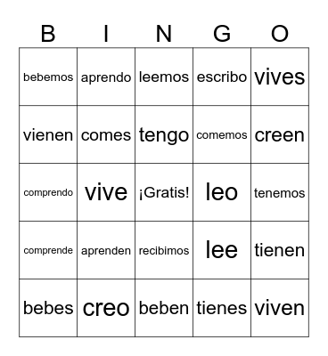 ER/IR Verbs Bingo Card