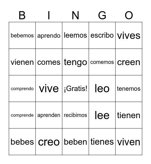 ER/IR Verbs Bingo Card