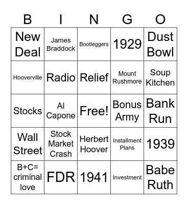 The Great Depression Bingo Card