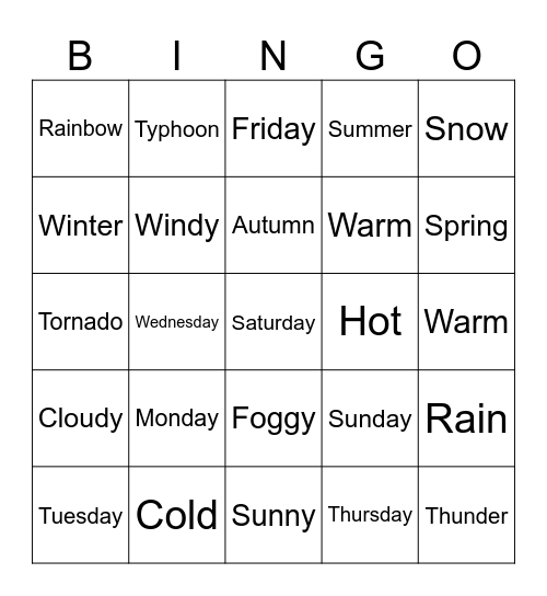 Weather Bingo Card