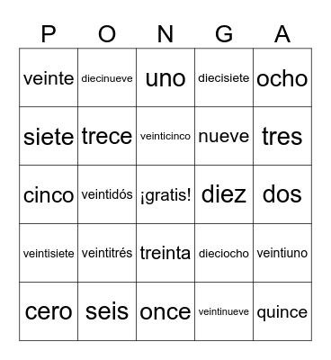 PONGA Bingo Card