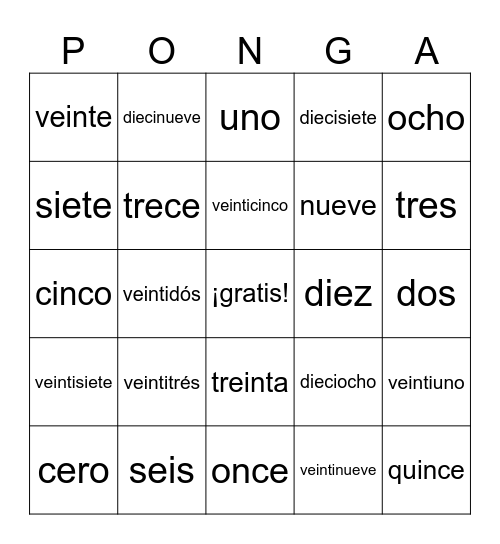 PONGA Bingo Card