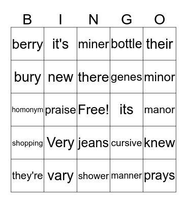 Homonym Bingo Card