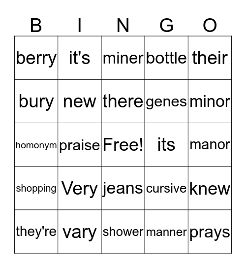 Homonym Bingo Card