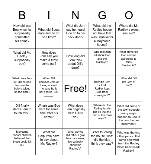 To Kill a Mockingbird Bingo- Chapter Two Bingo Card