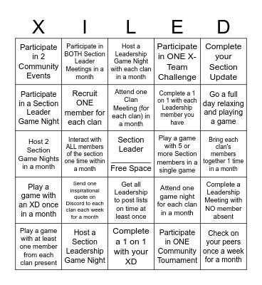 XS Bingo Challenge Bingo Card