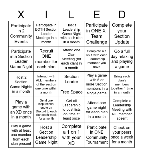 XS Bingo Challenge Bingo Card