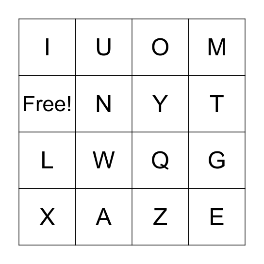 Kindergarten Bingo Card