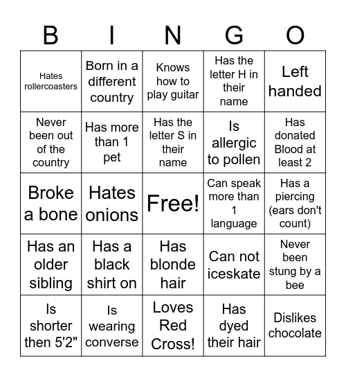 = RED CROSS BINGO = Bingo Card