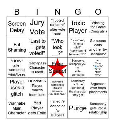 Total Roblox Drama Bingo (Camp) (Vid Safe) Bingo Card