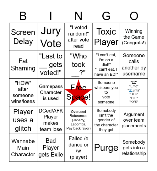 Total Roblox Drama Bingo (Camp) (Vid Safe) Bingo Card