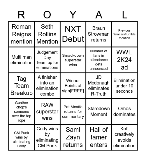 Men's 2024 Royal Rumble Bingo Card
