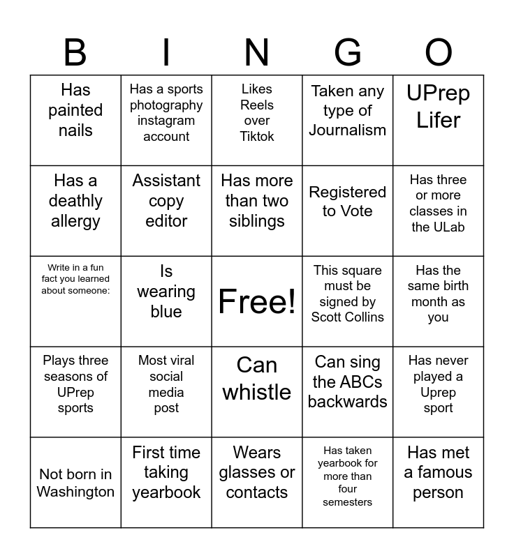 Yearbook Bingo Card