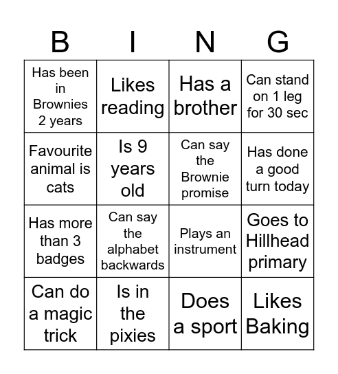 Brownie Bingo Card