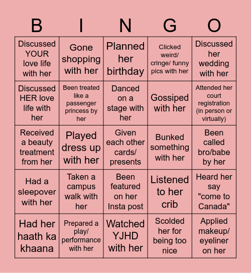 Vijeta's Bachelorette Bingo Card