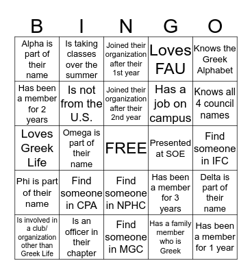 FSLife Ambassadors Bingo Card
