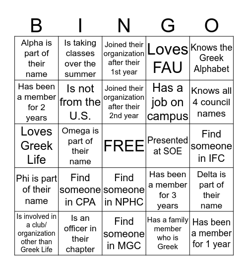 FSLife Ambassadors Bingo Card