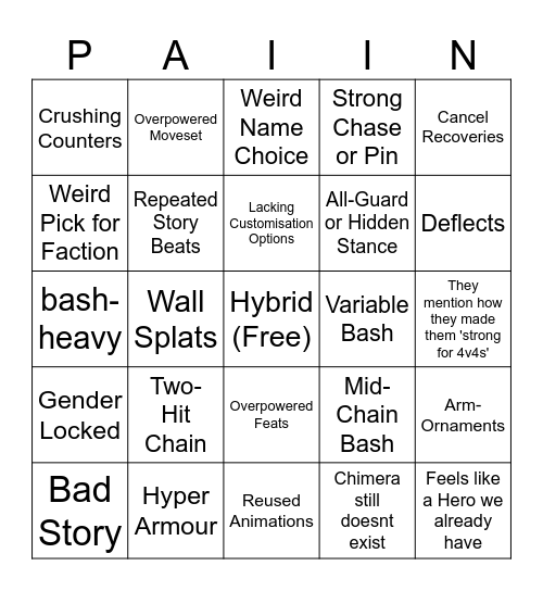 For Honor New Hero Bingo Card