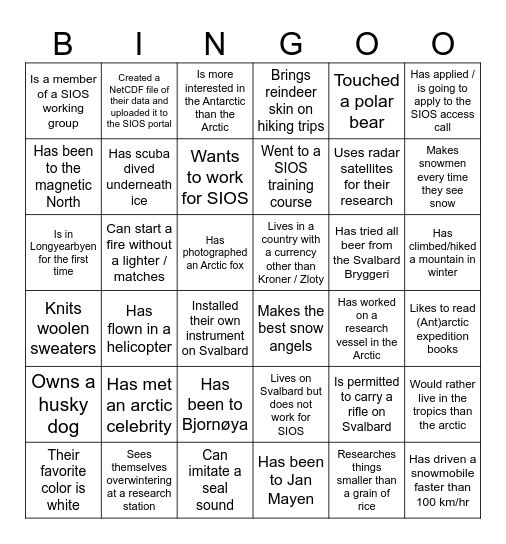 SIOS Polar Bingo Card