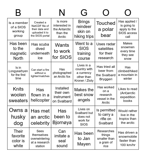SIOS Polar Bingo Card