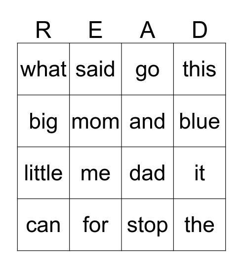 Sight word BINGO Card