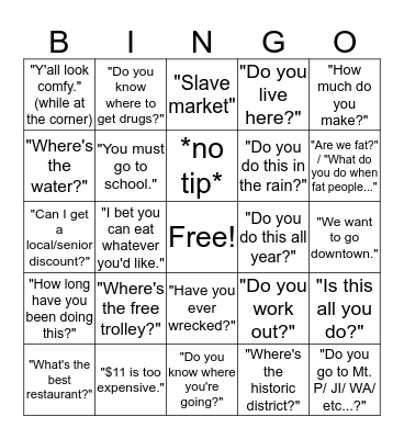 Pedicab Bingo Card