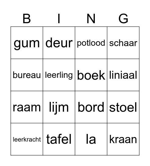 Classroom items Bingo Card